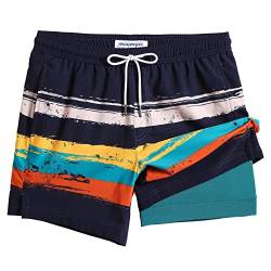 MaaMgic Herren Badehose lässige Badeshorts mit Kompression 2 in 1 | 5.5" Schnelltrocknend Swim Shorts Kurz Strandhose für Männer Mit Innenhose XS - XXL,Gestreift Orange Blau Grün 5.5,XXL von MaaMgic