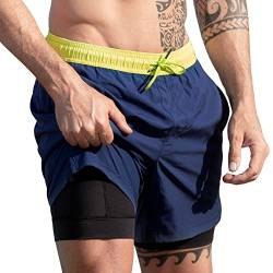 MaaMgic Herren Badehose lässige Badeshorts mit Kompression 2 in 1 | 5.5" Schnelltrocknend Swim Shorts Kurz Strandhose für Männer Mit Innenhose XS - XXL,Navy Gelb Schwarz 5.5,S von MaaMgic