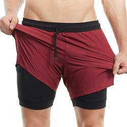 MaaMgic Herren Badehose lässige Badeshorts mit Kompression 2 in 1 | 5.5" Schnelltrocknend Swim Shorts Kurz Strandhose für Männer Mit Innenhose XS - XXL,Rot Schwarz 5.5,M von MaaMgic