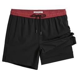 MaaMgic Herren Badehose lässige Badeshorts mit Kompression 2 in 1 | 5.5" Schnelltrocknend Swim Shorts Kurz Strandhose für Männer Mit Innenhose XS - XXL,Schwarz Weinrot 5.5,S von MaaMgic