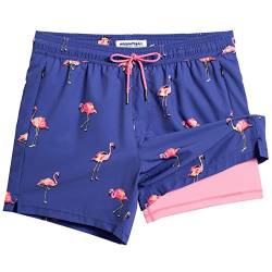 MaaMgic Herren Badehose mit Kompression Badeshorts 2 in 1 | 5.5" Schnelltrocknend lässige Swim Shorts Kurz Boardshorts mit Innenhose Reißverschlusstasche,02 Blau Flamingo Rosa 5.5,S von MaaMgic