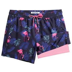 MaaMgic Herren Badehose mit Kompression Badeshorts 2 in 1 | 5.5" Schnelltrocknend lässige Swim Shorts Kurz Boardshorts mit Innenhose Reißverschlusstasche,02 Navy Flamingo Palmen Rosa 5.5,S von MaaMgic