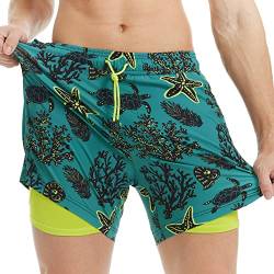 MaaMgic Herren Badehose mit Kompression Badeshorts 2 in 1 | 5.5" Schnelltrocknend lässige Swim Shorts Kurz Boardshorts mit Innenhose Reißverschlusstasche XS - XXL,Grün Koralle Marine 5.5,XXL von MaaMgic