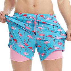 MaaMgic Herren Badehose mit Kompression Badeshorts 2 in 1 | 5.5" Schnelltrocknend lässige Swim Shorts Kurz Boardshorts mit Innenhose Reißverschlusstasche XS - XXL,Hellblau Rosa Flamingo 5.5,L von MaaMgic