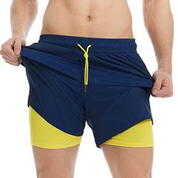 MaaMgic Herren Badehose mit Kompression Badeshorts 2 in 1 | 5.5" Schnelltrocknend lässige Swim Shorts Kurz Boardshorts mit Innenhose Reißverschlusstasche XS - XXL,Navy Gelb CR 5.5,L von MaaMgic