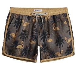 MaaMgic Herren Badeshorts Vintage Retro Badehosen Boardshorts Schnelltrocknend mit Mesh-Futter und Verstellbarem Tunnelzug MEHRWEG,New Palmen Flamingo Hellbraun 4.5,M von MaaMgic