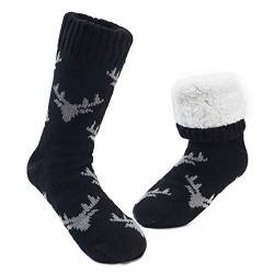 MaaMgic Herren Stoppersocken Kuschelsocken Warme Dicke Socken Haussocken Wintersocken mit Innenfell Teddyfutter und Antirutschsohle MEHRWEG,Schwarz Grau Rentier,41/43 EU von MaaMgic