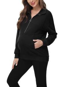 Damen Pullover für Schwangerschaft Weich Lang Ärmel Umstandspullover mit Taschen Trendig Umstandssweatshirt Schwarz M MC0122A21-02 von Maacie
