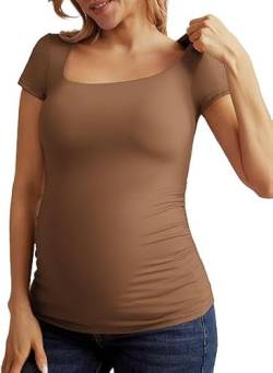 Einfarbiges T-Shirt Für Damen Umstandsmode Quadratischer Ausschnitt Kurze Ärmel Braun 2XL von Maacie