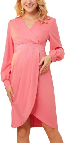 Maacie Umstandskleid Kleidung mit Laternenärmeln für Arbeit Wickel Kleid Lässig Umstandskleid Hellrosa XL von Maacie
