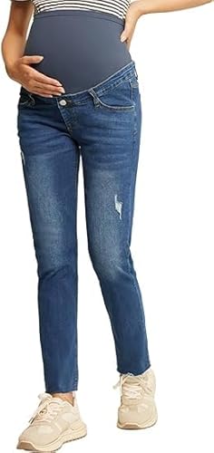 Schwangerschaftsjeans Straight Leg Länge Jeans Umstandshosen mit Taschen für Arbeit Dunkelblau S MC0336A23-02 von Maacie