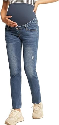 Umstandsleggings atmungsaktive Hose Unterstützungsbereich des Bauchs Umstandshohe Taille Jeans Flache Fitness-Stretchhose lässiger Alltag Jeansblau M von Maacie