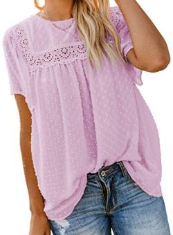 Maavoki Bluse Damen Sommer Rundhals Kurzarm Chiffon Oberteile Spitze Aushöhlen Swiss Dot Chiffonblusen Tops (Rosa,XL) von Maavoki