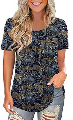 Maavoki Damen Boho Große Größen Bluse, Casual Plus Size Hemden Shirt Tunika Tops, Sommer Kurzarm Crew Neck Oberteile （Dunkelblau, L） von Maavoki