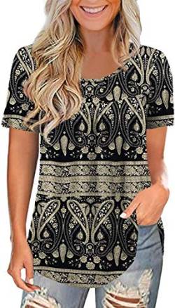 Maavoki Damen Boho Große Größen Bluse, Casual Plus Size Hemden Shirt Tunika Tops, Sommer Kurzarm Crew Neck Oberteile （Schwarz, M） von Maavoki