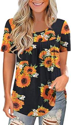 Maavoki Damen Boho Große Größen Bluse, Casual Plus Size Hemden Shirt Tunika Tops, Sommer Kurzarm Crew Neck Oberteile （Sunflower, 3XL） von Maavoki