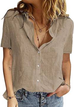 Maavoki Damen Casual Hemd Bluse, Einfarbig Shirt mit Knopfleiste Damen, Frauen V-Ausschnitt Oberteile Sommer Kurzarm Shirts Tops Coffee, Small von Maavoki