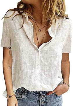 Maavoki Damen Casual Hemd Bluse, Einfarbig Shirt mit Knopfleiste Damen, Frauen V-Ausschnitt Oberteile Sommer Kurzarm Shirts Tops Weiß, XX-Large von Maavoki