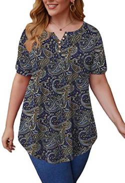 Maavoki Damen Knopfleiste Kurzarm Bluse, Oversize Blumen Tops Sommer, Casual Plus Size V-Ausschnitt Print Shirt für Sommer (Dunkelblau, XL) von Maavoki