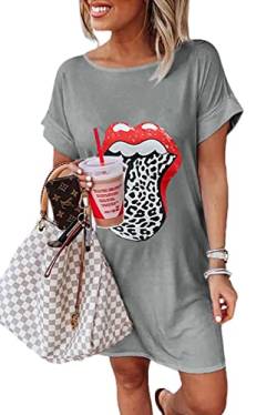 Maavoki Damen Kurzarm T-Shirt Mini Kleider, Sommer Oversize Rundhals Shirtkleid mit Lippen Muster, Casual Minikleider Tank Tops Freizeitkleid A-Off-weiß M von Maavoki