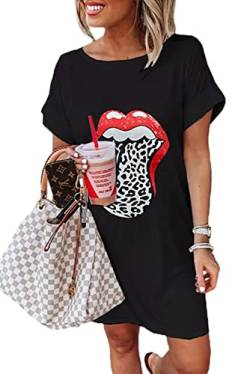 Maavoki Damen Kurzarm T-Shirt Mini Kleider, Sommer Oversize Rundhals Shirtkleid mit Lippen Muster, Casual Minikleider Tank Tops Freizeitkleid für Damen (Schwarz, S) von Maavoki