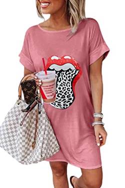 Maavoki Damen Kurzarm T-Shirt Mini Kleider, Sommer Oversize Rundhals Shirtkleid mit Lippen Muster, Minikleider Casual Tank Tops Freizeitkleid A-Rosa XL von Maavoki