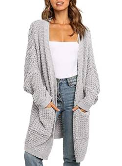 Maavoki Damen Lang Strickjacke, Oversize Langarm Sweater Cardigan, Casual Strickmantel Herbst Outerwear mit Tasche (Grau, L) von Maavoki