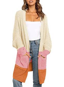 Maavoki Damen Lang Strickjacke, Oversize Langarm Sweater Cardigan, Casual Strickmantel Herbst Outerwear mit Tasche (Rosa, M) von Maavoki