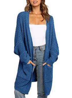 Maavoki Damen Lang Strickjacke, Oversized Langarm Sweater Cardigan, Casual Strickmantel Herbst Outerwear mit Tasche Dunkelblau L von Maavoki