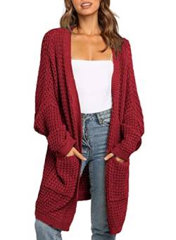 Maavoki Damen Lang Strickjacke, Oversized Langarm Sweater Cardigan, Casual Strickmantel Herbst Outerwear mit Tasche Rot L von Maavoki