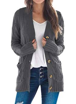 Maavoki Damen Langarm Strickjacke Elegant Strick Mantel Open Front Sweater Cardigan mit Knopfleiste und Taschen Dunkelgrau L von Maavoki