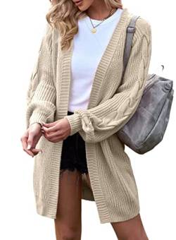 Maavoki Damen Oversize Strickjacke, Lange Strickpullover Cardigan mit Laternenärmeln, Einfarbige Pullover Jacke für Herbst Winter Beige, XL von Maavoki