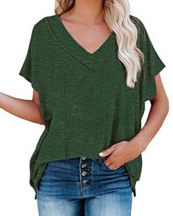 Maavoki Damen V-Ausschnitt Kurzarm T-Shirt Casual Lose Basic Sommer Einfarbig Tee Tops (Grün, XL) von Maavoki