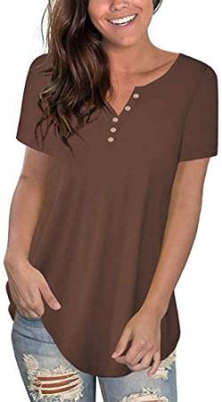 Maavoki Damen V-Ausschnitt Oberteile mit Knopfleiste, Sommer Lockere Oversize Tunika Shirt für Damen, Solide Basic Große Größen Bluse Shirts Tops (Coffee, L) von Maavoki