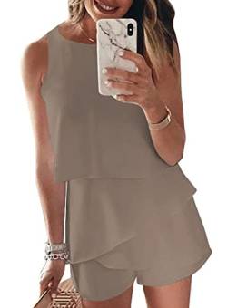 Maavoki Jumpsuit Damen Elegant Sommer Ärmellos Overall mit Rüschen Frauen Oberteile Top und Kurze Hose Kahki M von Maavoki