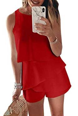 Maavoki Jumpsuit Damen Elegant Sommer Ärmellos Overall mit Rüschen Frauen Oberteile Top und Kurze Hose Rot S von Maavoki