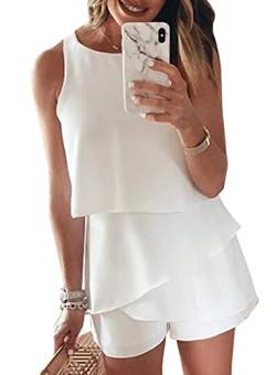 Maavoki Jumpsuit Damen Elegant Sommer Ärmellos Overall mit Rüschen Frauen Oberteile Top und Kurze Hose Weiß L von Maavoki