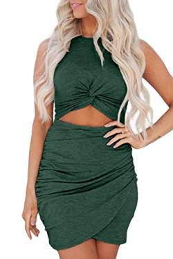 Maavoki Kleider Damen Einfarbiges Ärmelloses Kleid, Sexy Enges Kleid Unregelmäßig Cocktailkleid Partykleider, Slim Fit Rundkragen Sommerkleid für Frauen (Grün, S) von Maavoki