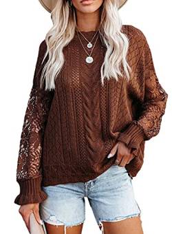 Maavoki Pullover Damen Spitze Strickpullover, Lässige Rundhals Lace Langarm Häkelpullover, Elegantes Einfarbig Stricktop Patchwork Oberteile Stricken Langarmshirt Braun L von Maavoki