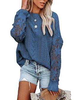 Maavoki Pullover Damen Spitze Strickpullover, Lässige Rundhals Lace Langarm Häkelpullover, Elegantes Einfarbig Stricktop Patchwork Oberteile Stricken Langarmshirt Dunkelblau L von Maavoki