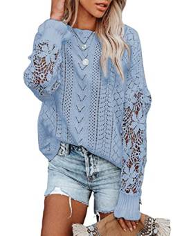 Maavoki Pullover Damen Spitze Strickpullover, Lässige Rundhals Lace Langarm Häkelpullover, Elegantes Einfarbig Stricktop Patchwork Oberteile Stricken Langarmshirt Hellblau L von Maavoki