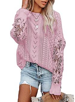 Maavoki Pullover Damen Spitze Strickpullover, Lässige Rundhals Lace Langarm Häkelpullover, Elegantes Einfarbig Stricktop Patchwork Oberteile Stricken Langarmshirt Rosa S von Maavoki