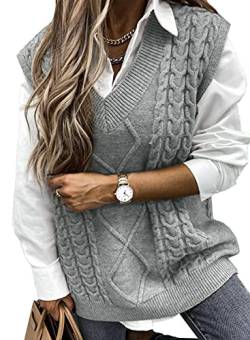 Maavoki Pullover Damen Weste, Casual Kurz Strickweste, V-Ausschnitt Pullover Sweater Ärmellos, Elegant Einfarbig Strickpullover (B-Grau, XL) von Maavoki