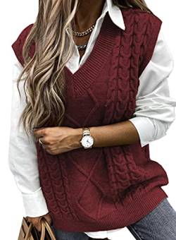 Maavoki Pullover Damen Weste, Casual Kurz Strickweste, V-Ausschnitt Pullover Sweater Ärmellos, Elegant Einfarbig Strickpullover B-Rot, XL von Maavoki
