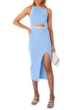 Maavoki Sommerkleid Damen Ärmelloses Cut Outs Kleid Rundhals Midikleid Bodycon Kleider mit Schlitz Blau, M von Maavoki