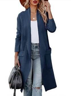 Maavoki Strickjacke Damen, Langarm Offene Front Cardigan mit Tasche, Casual Lange Einfarbig Strickmantel Blau, M von Maavoki