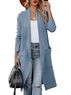 Maavoki Strickjacke Damen, Langarm Offene Front Cardigan mit Tasche, Casual Lange Einfarbig Strickmantel Hellblau, S von Maavoki