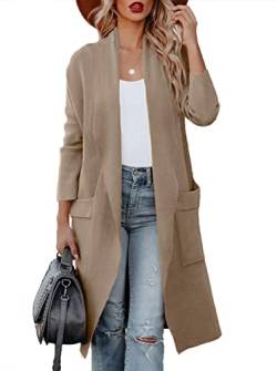 Maavoki Strickjacke Damen, Langarm Offene Front Cardigan mit Tasche, Casual Lange Einfarbig Strickmantel Khaki, M von Maavoki