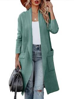 Maavoki Strickjacke Damen, Langarm Offene Front Cardigan mit Tasche, Casual Lange Einfarbig Strickmantel Mintgrün, XL von Maavoki