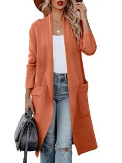 Maavoki Strickjacke Damen, Langarm Offene Front Cardigan mit Tasche, Casual Lange Einfarbig Strickmantel Orange, S von Maavoki